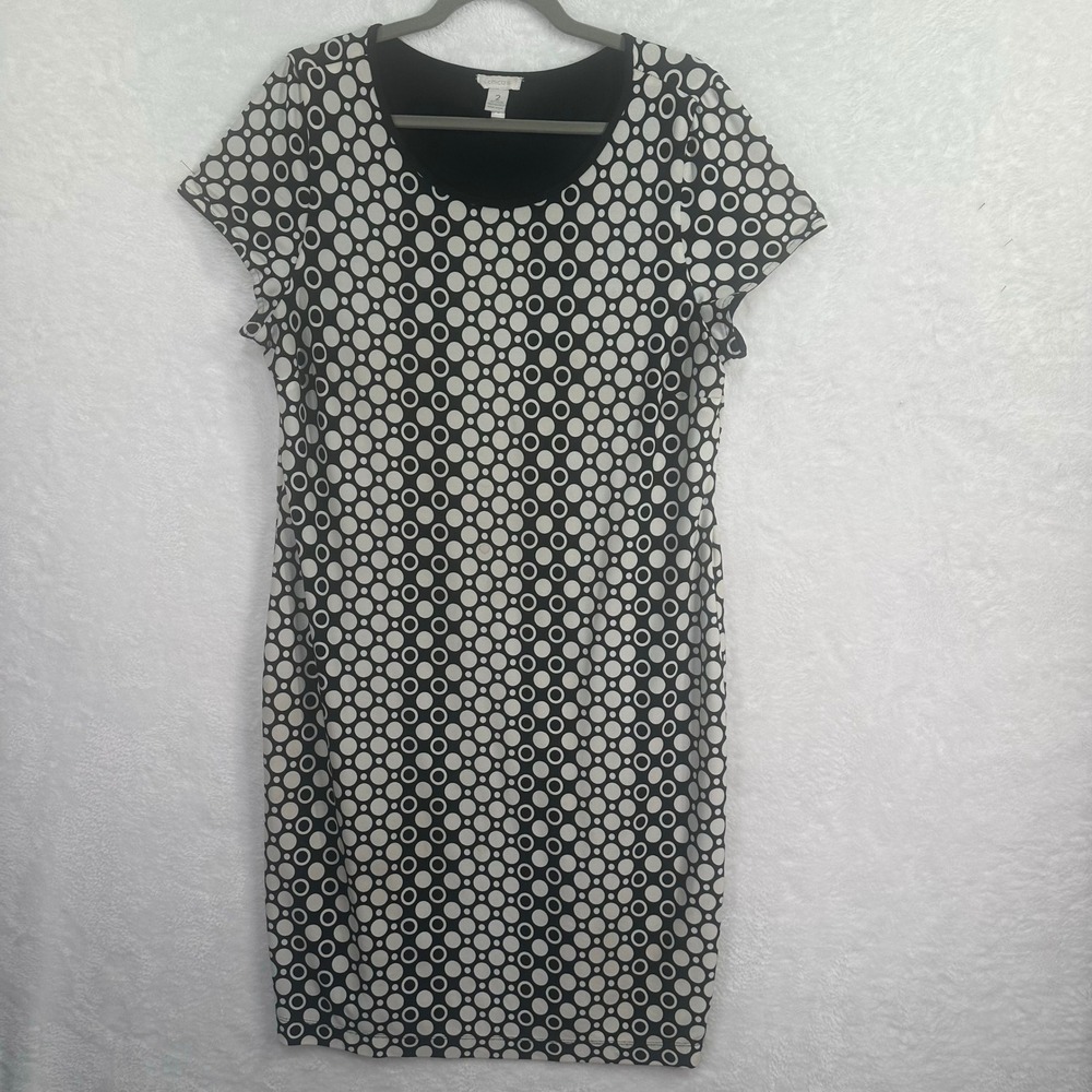 Chico's Shift Dress Women 2 Black White Polka Dot Geometric Short Sleeve Lined